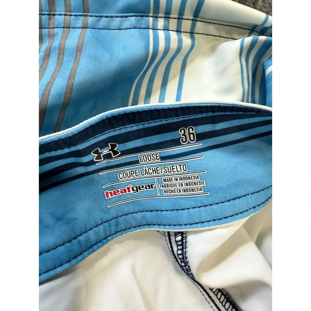Under Armour HeatGear Board Shorts Size 36 Blue White Striped Swim EUC